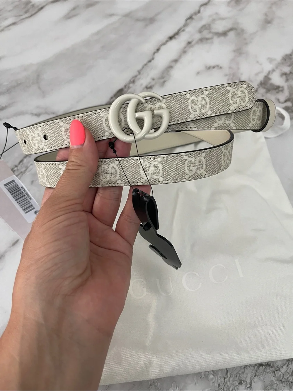 Gucci Beige GG Logo Leather Belt with Silver Double G Buckle